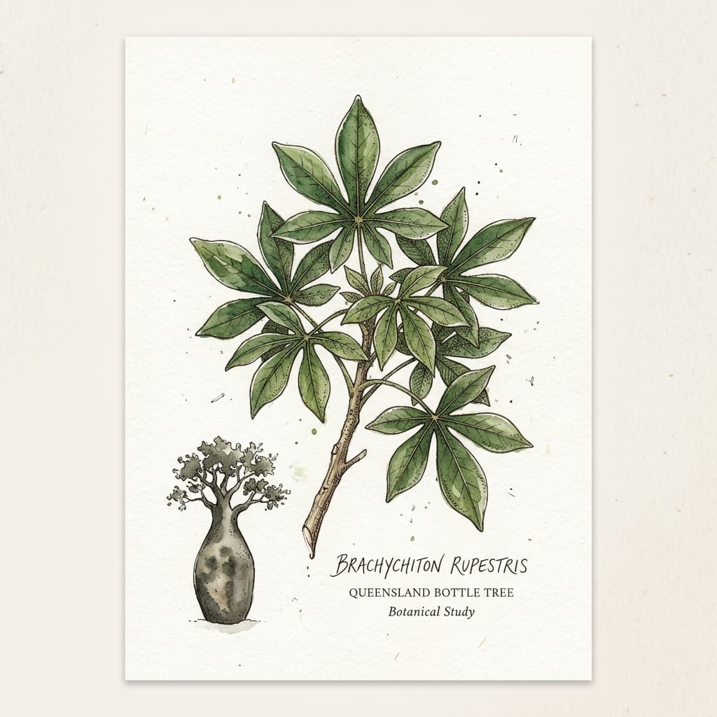 Queensland Bottle Tree stylized watercolor botanical illustration