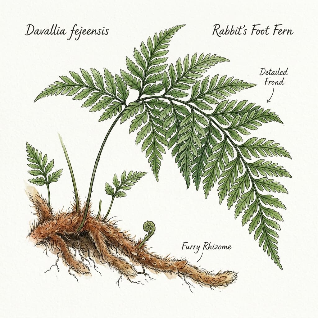 Rabbit's Foot Fern stylized watercolor botanical illustration
