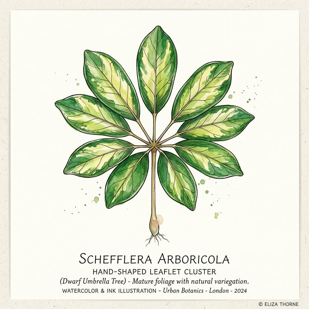 Dwarf Umbrella Tree stylized watercolor botanical illustration