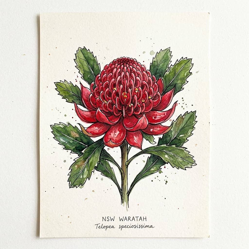NSW Waratah stylized watercolor botanical illustration