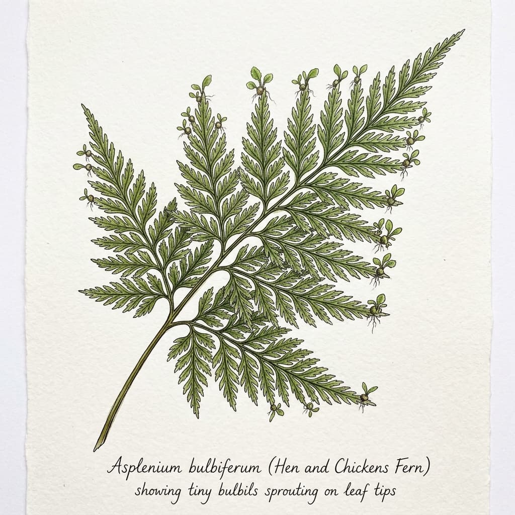 Hen and Chicken Fern stylized watercolor botanical illustration