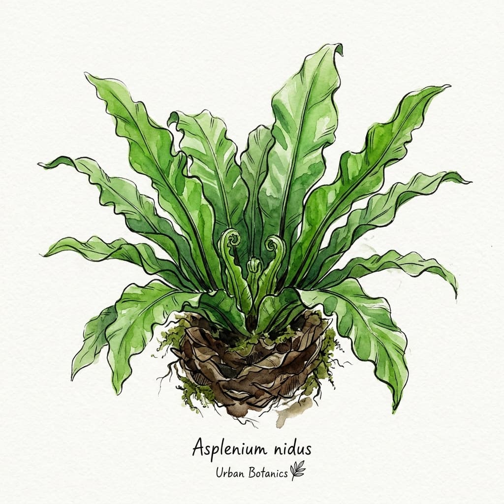 Bird's Nest Fern stylized watercolor botanical illustration
