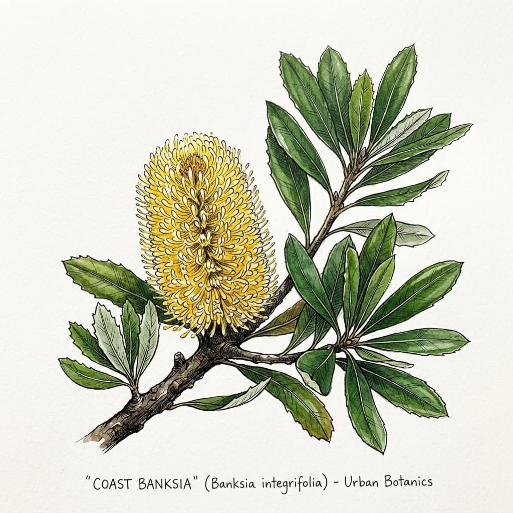 Coast Banksia stylized watercolor botanical illustration