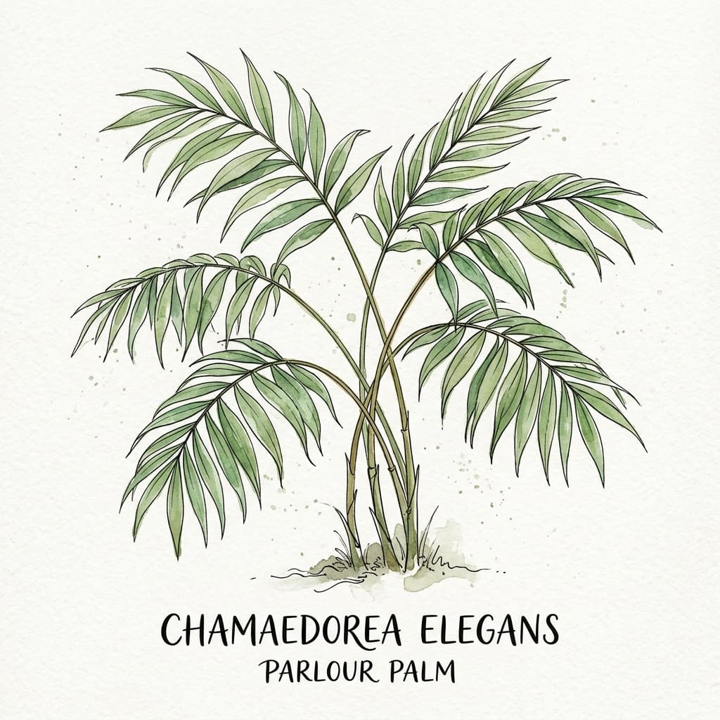 Parlour Palm stylized watercolor botanical illustration