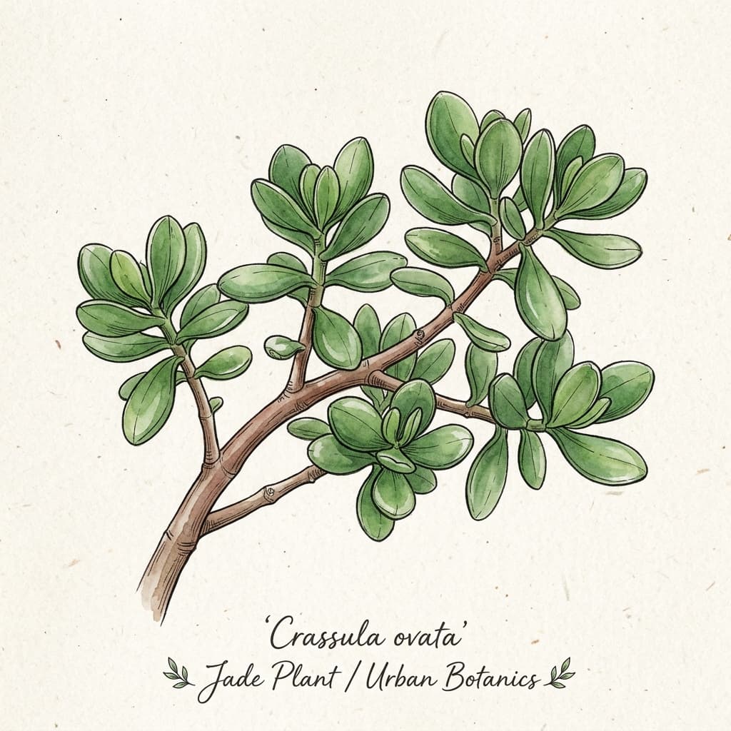 Jade Plant stylized watercolor botanical illustration