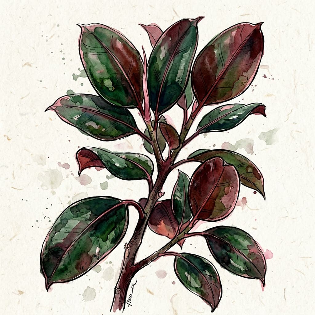 Rubber Plant stylized watercolor botanical illustration