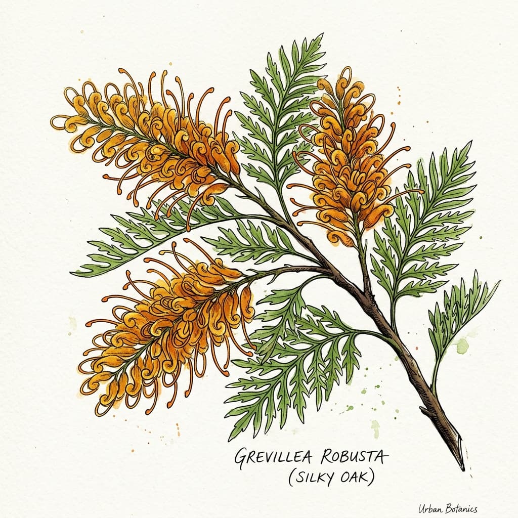Silky Oak stylized watercolor botanical illustration