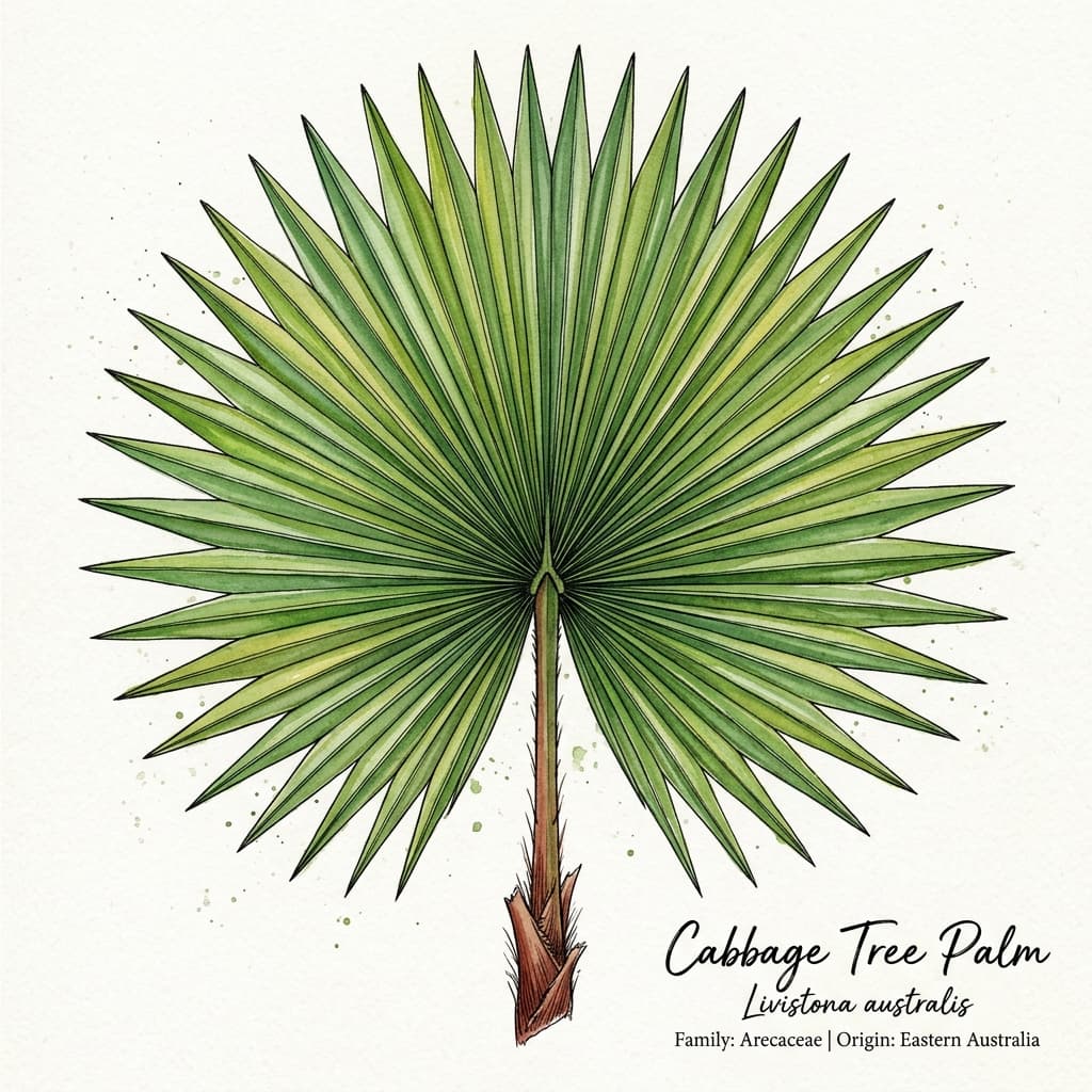 Cabbage Tree Palm stylized watercolor botanical illustration