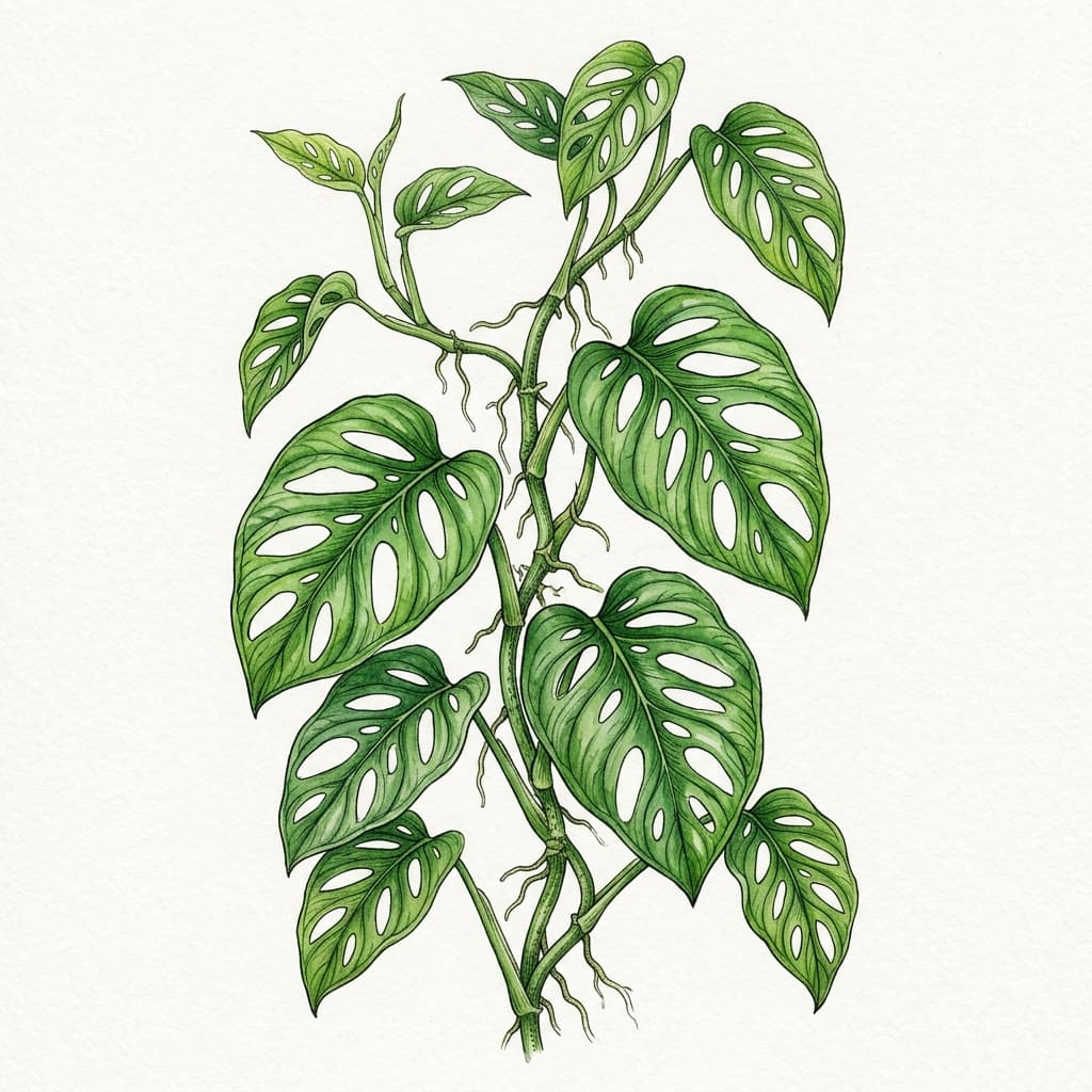 Swiss Cheese Vine stylized watercolor botanical illustration