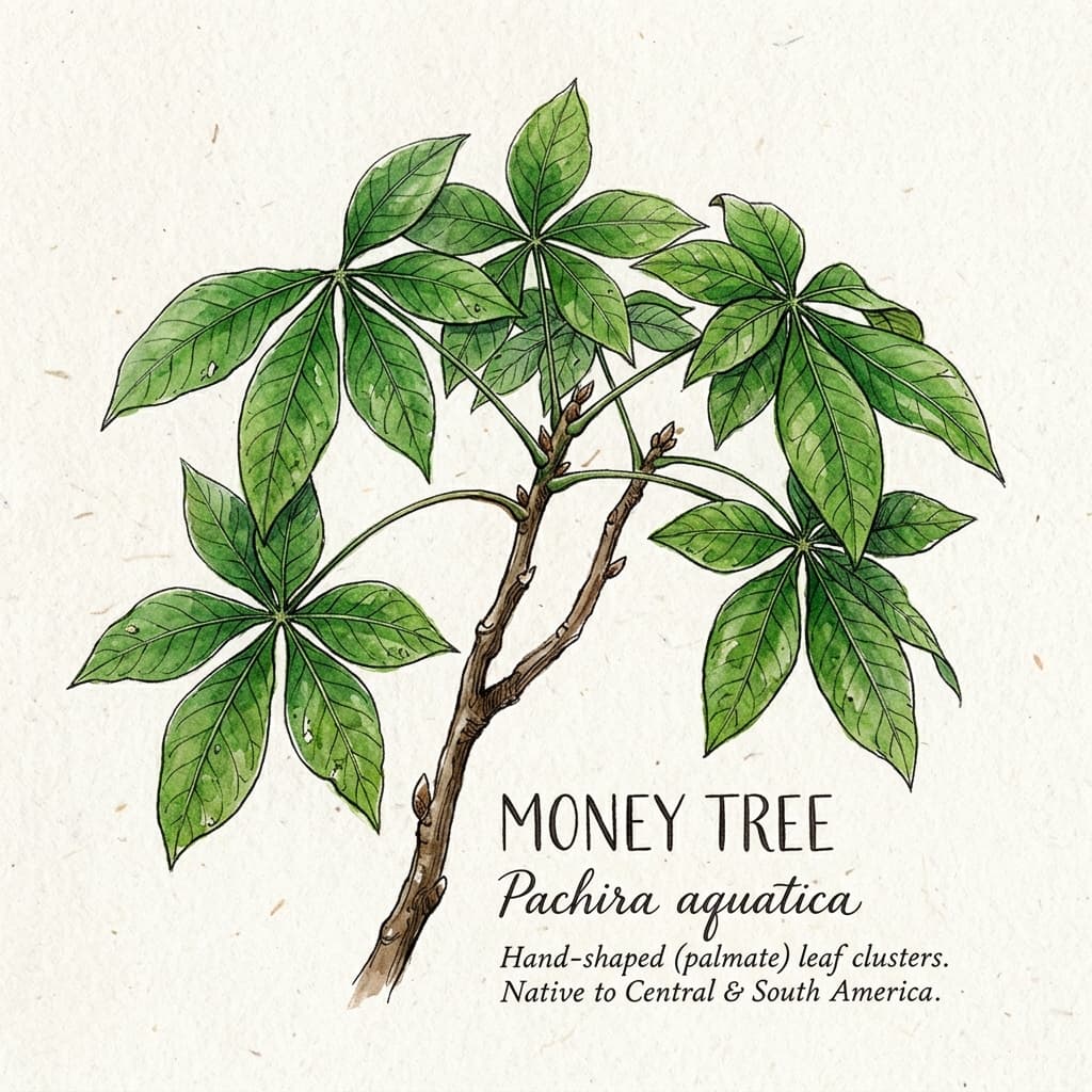 Money Tree stylized watercolor botanical illustration