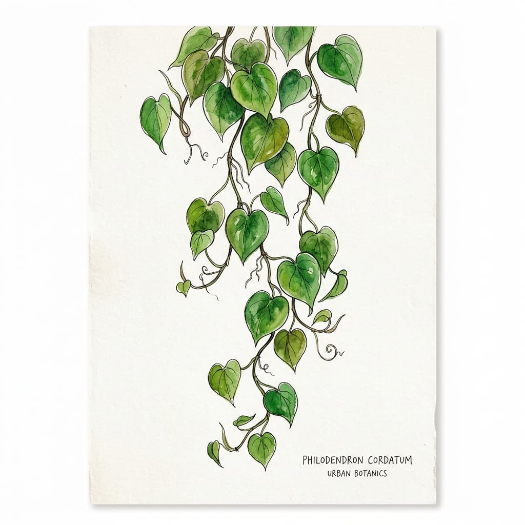 Heartleaf Philodendron stylized watercolor botanical illustration