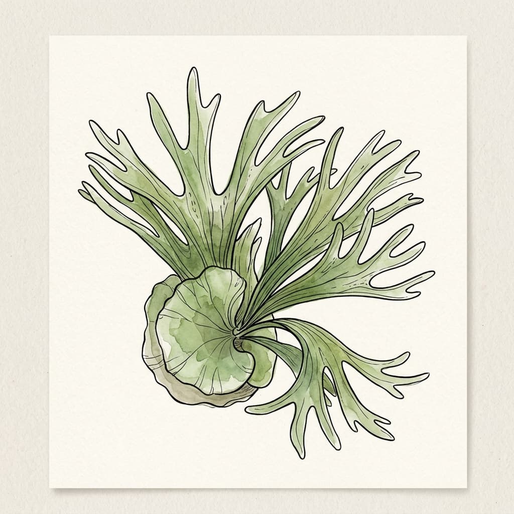 Elkhorn Fern stylized watercolor botanical illustration