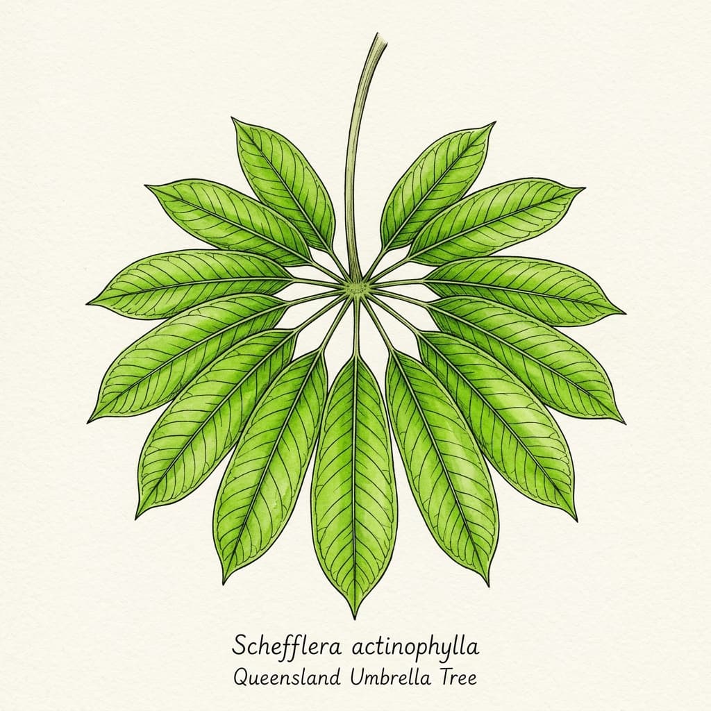 Queensland Umbrella Tree stylized watercolor botanical illustration