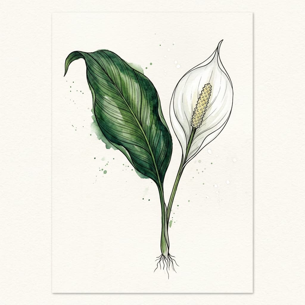 Peace Lily stylized watercolor botanical illustration