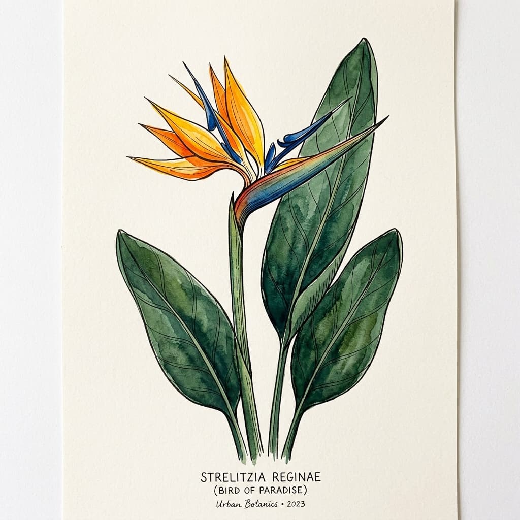 Bird of Paradise stylized watercolor botanical illustration